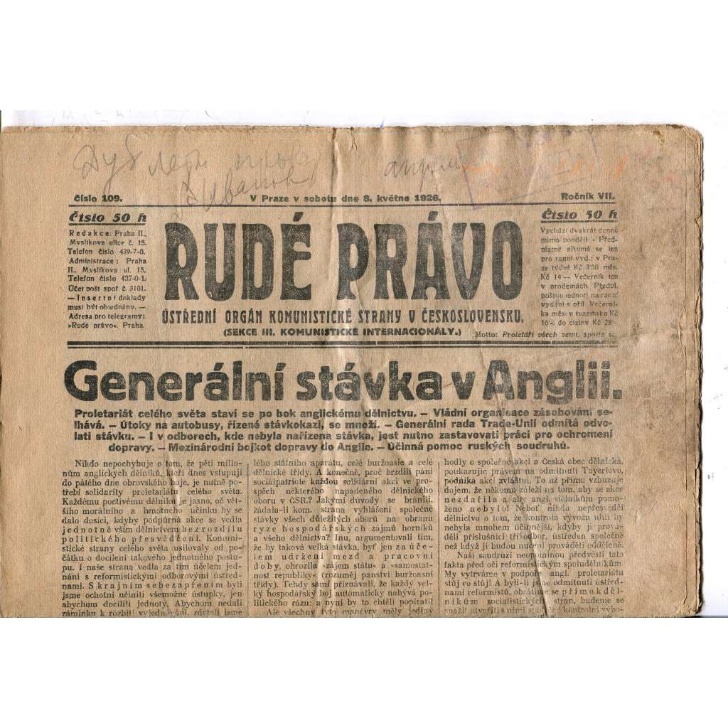 Rudé právo, ročník VII., číslo 109/1926 - staré noviny - [komunisté, komunismus]
