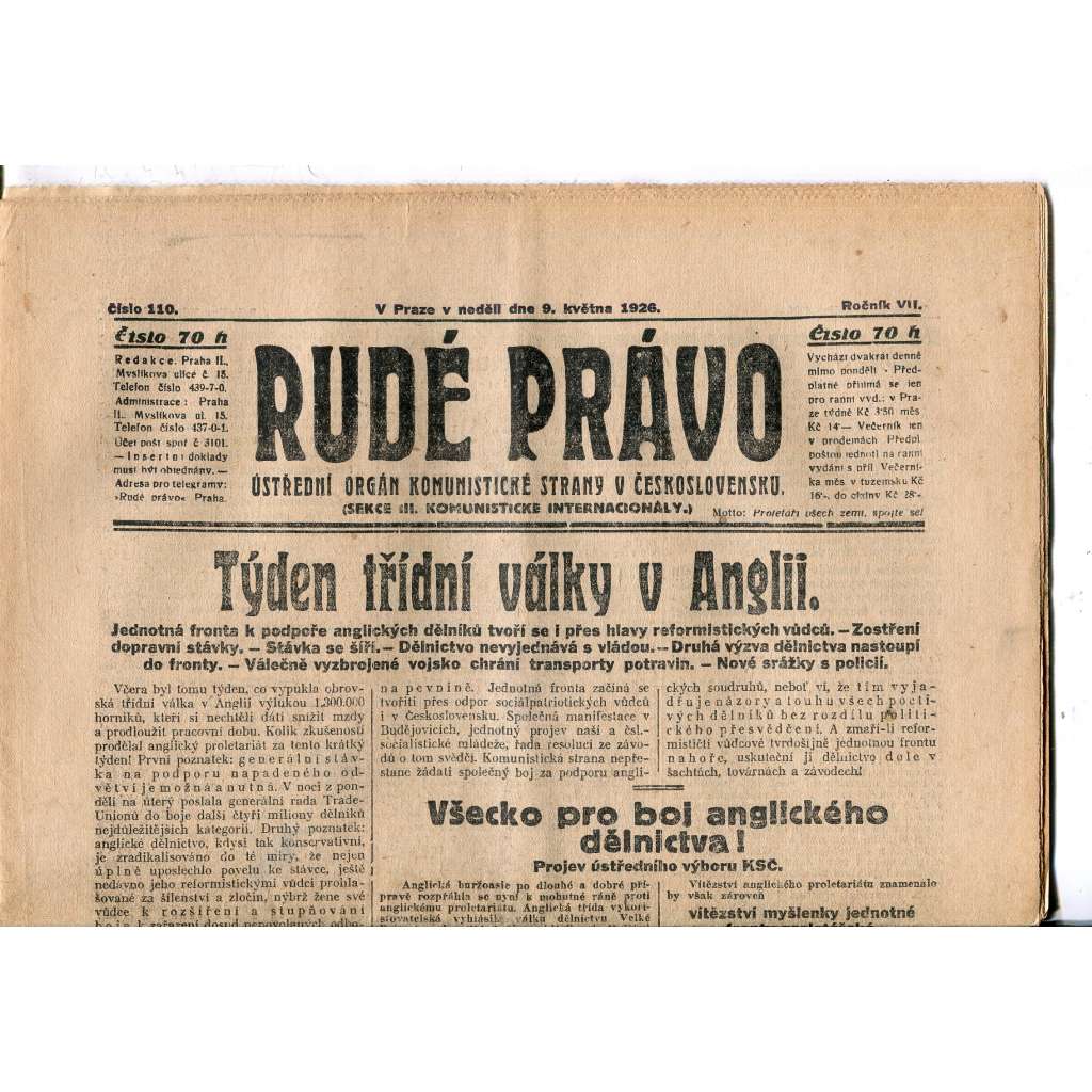 Rudé právo, ročník VII., číslo 110/1926 - staré noviny - [komunisté, komunismus]