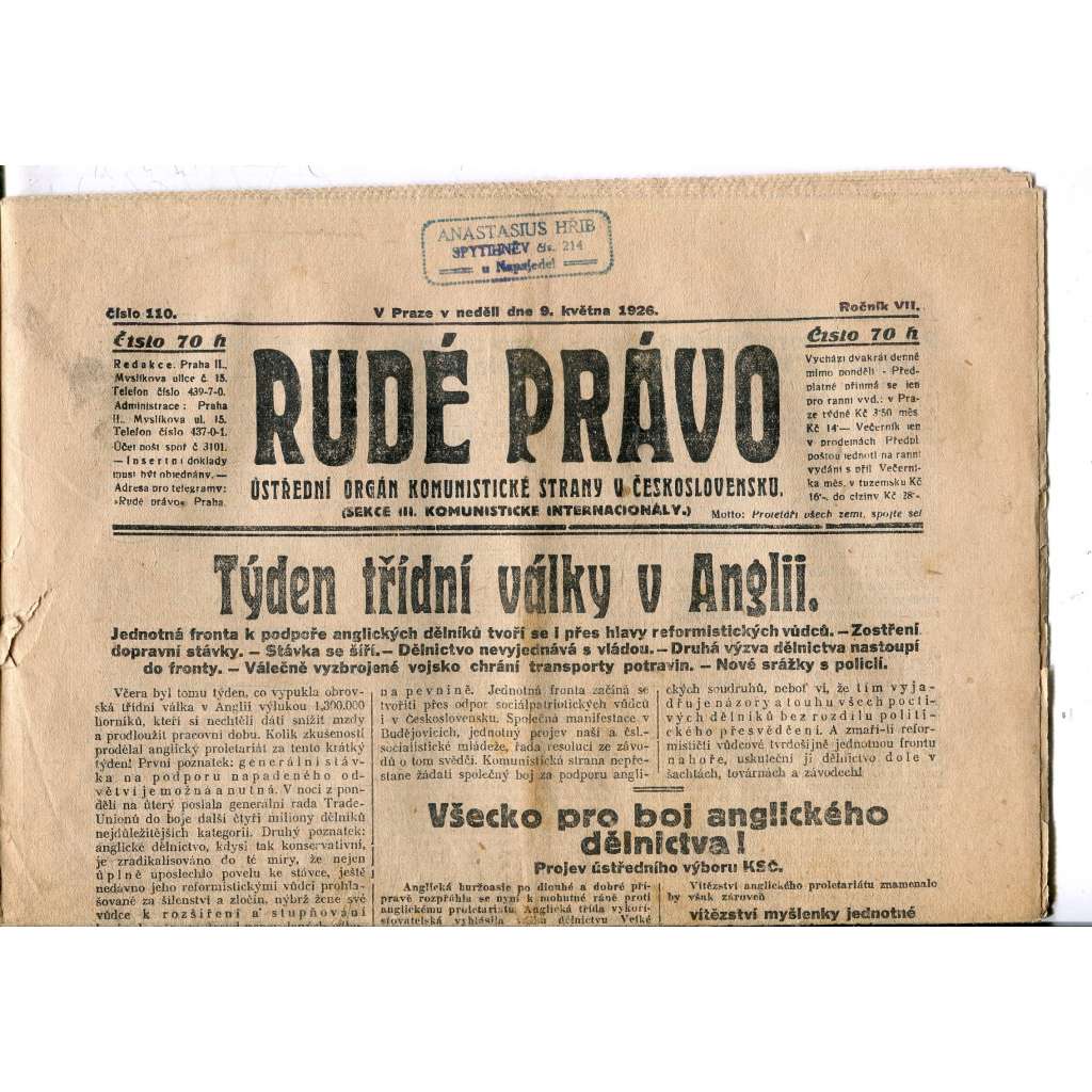 Rudé právo, ročník VII., číslo 110/1926 - staré noviny - [komunisté, komunismus]