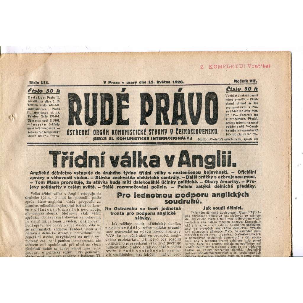 Rudé právo, ročník VII., číslo 111/1926 - staré noviny - [komunisté, komunismus]