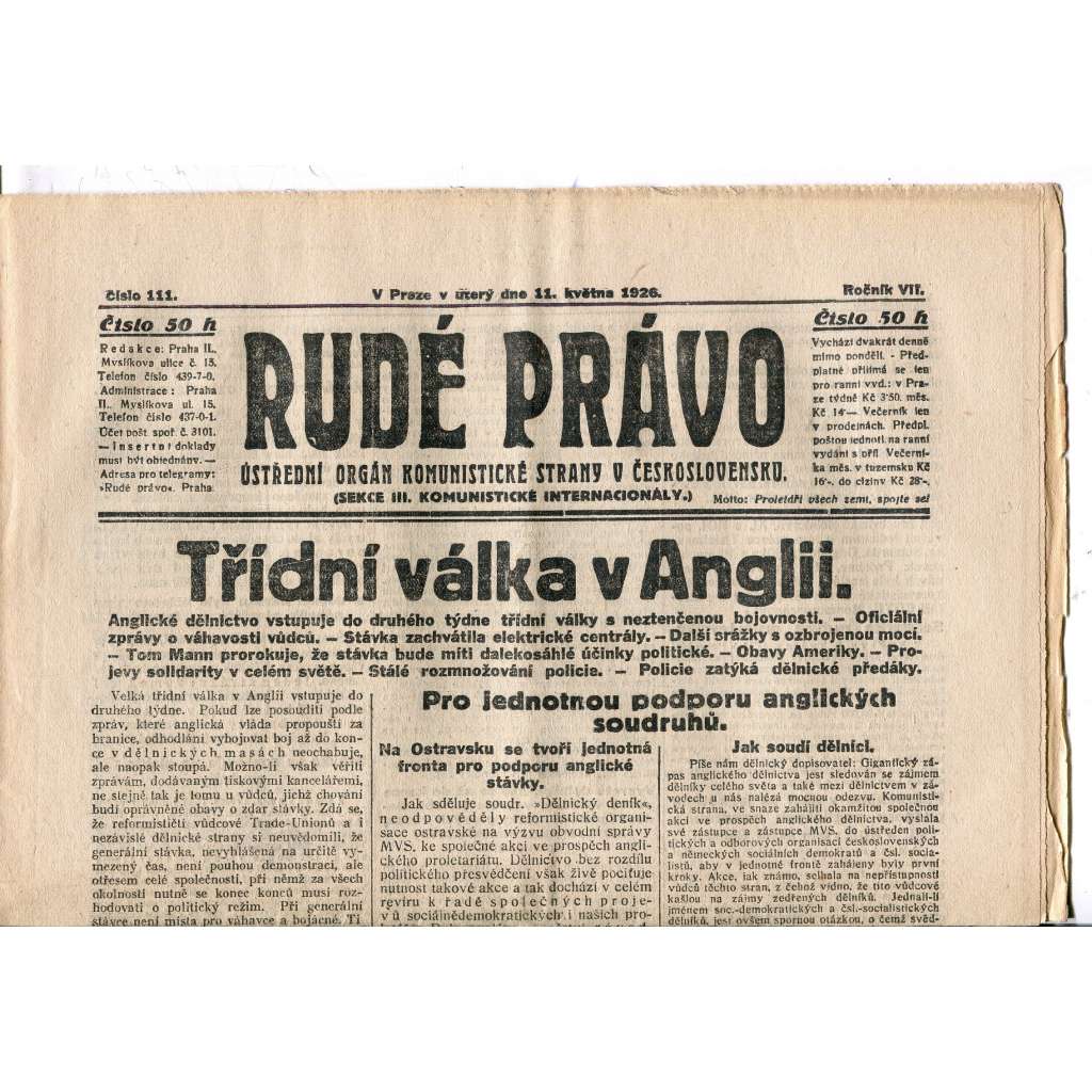Rudé právo, ročník VII., číslo 111/1926 - staré noviny - [komunisté, komunismus]