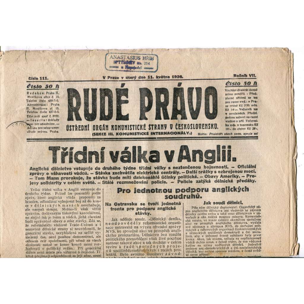 Rudé právo, ročník VII., číslo 111/1926 - staré noviny - [komunisté, komunismus]