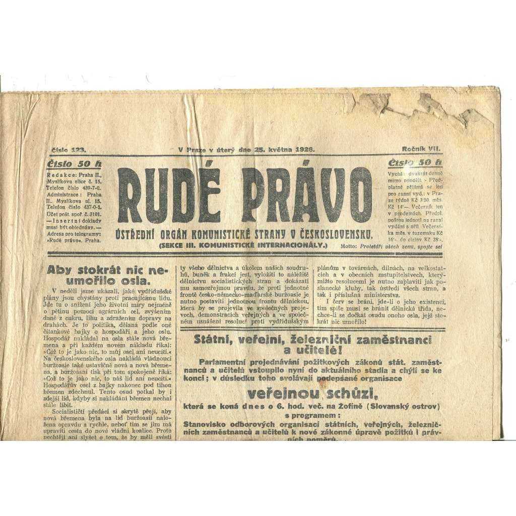 Rudé právo, ročník VII., číslo 123/1926 - staré noviny - [komunisté, komunismus]