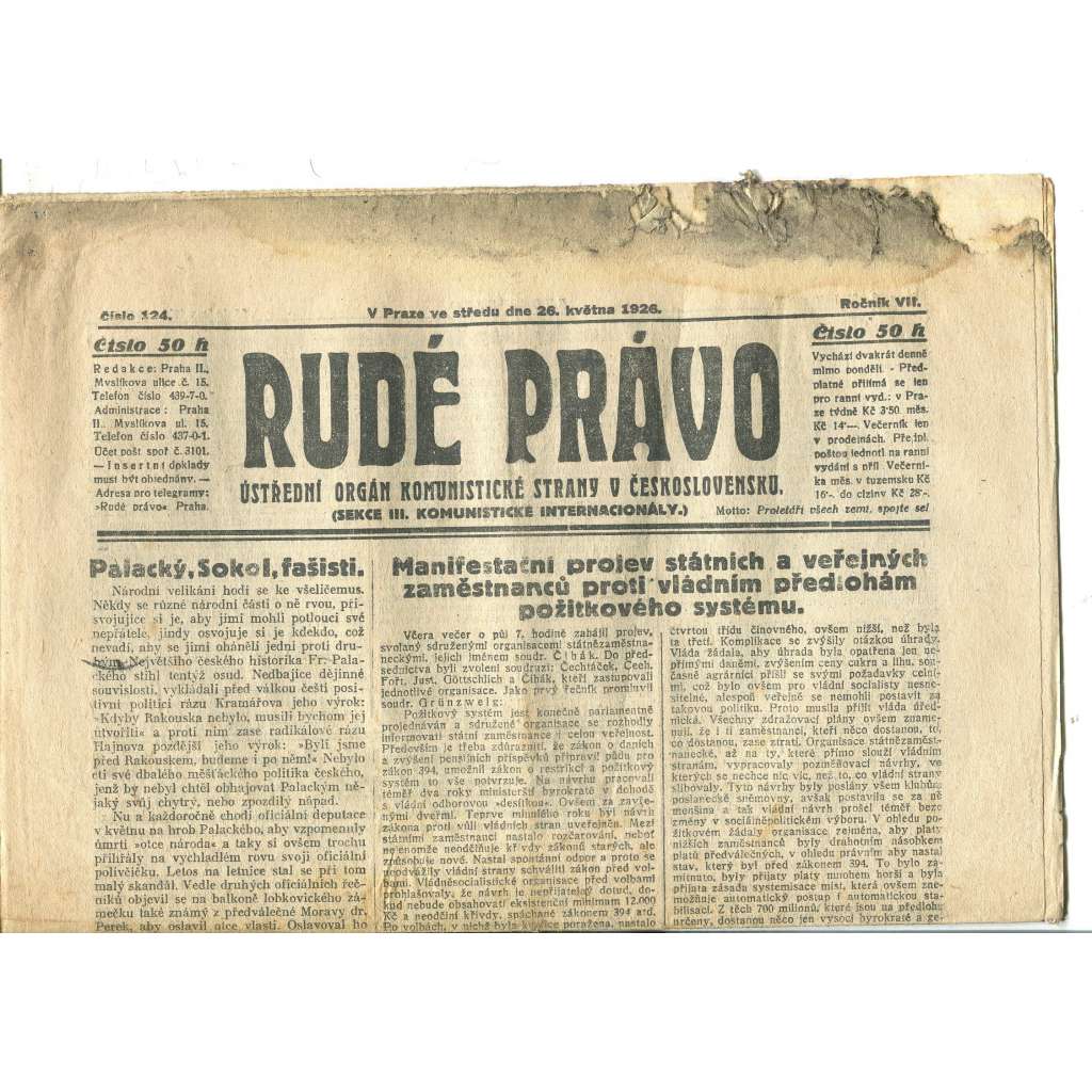 Rudé právo, ročník VII., číslo 124/1926 - staré noviny - [komunisté, komunismus]