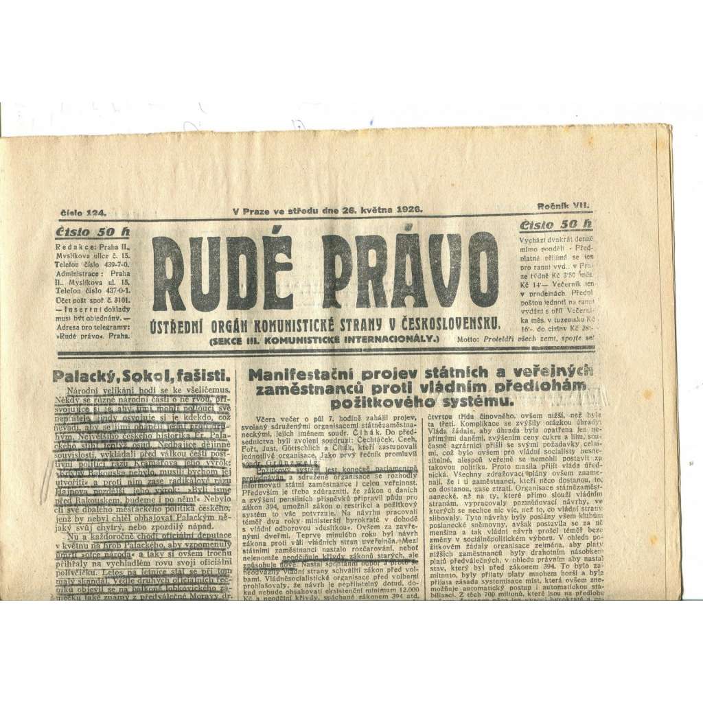Rudé právo, ročník VII., číslo 124/1926 - staré noviny - [komunisté, komunismus] - nejsou komětní