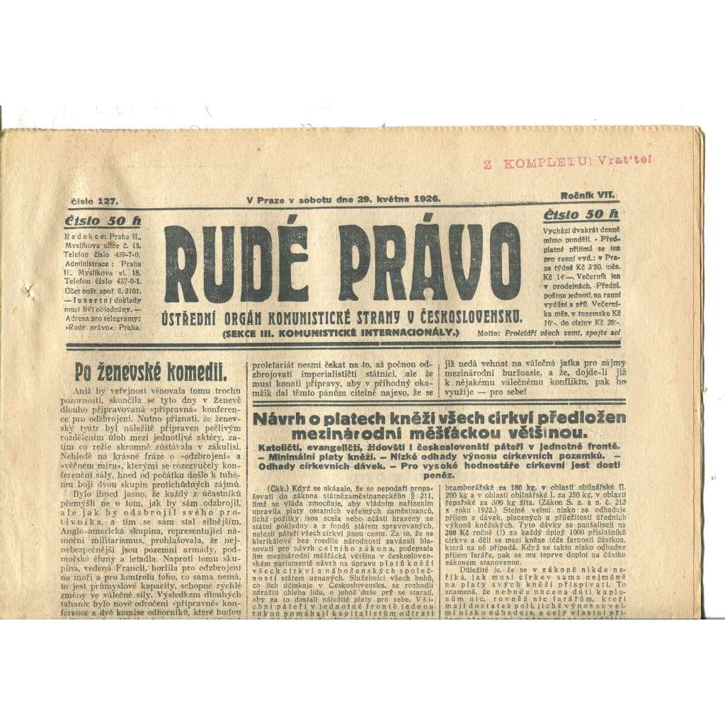 Rudé právo, ročník VII., číslo 127/1926 - staré noviny - [komunisté, komunismus]