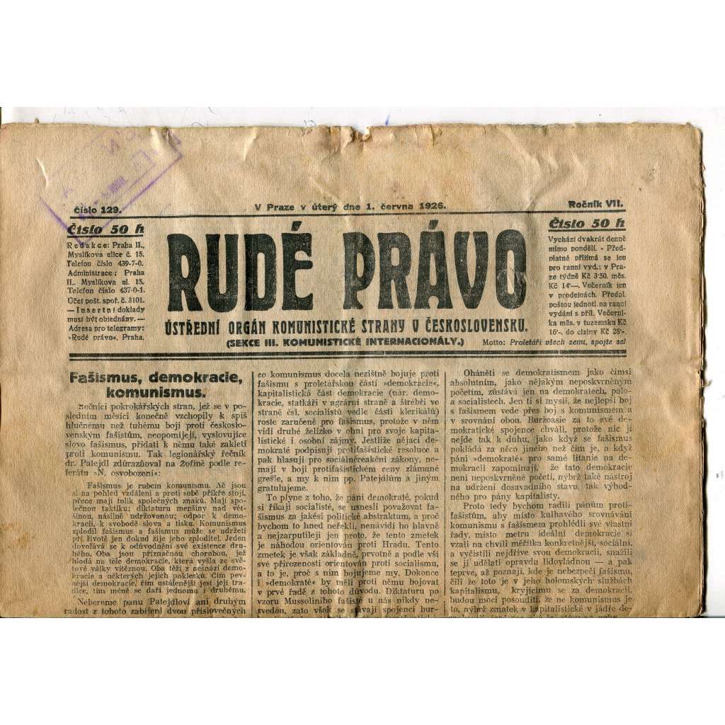 Rudé právo, ročník VII., číslo 129/1926 - staré noviny - [komunisté, komunismus] - pošk.