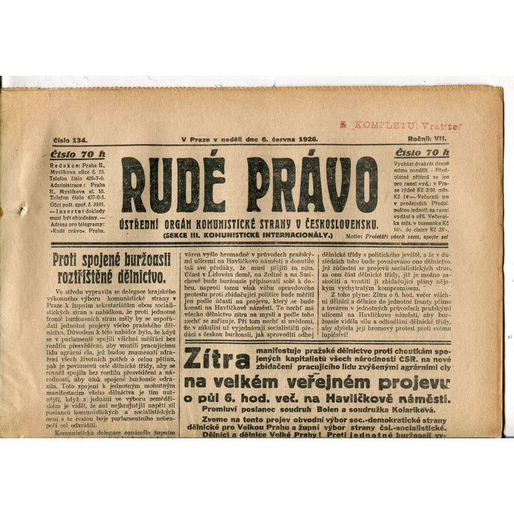 Rudé právo, ročník VII., číslo 134/1926 - staré noviny - [komunisté, komunismus]