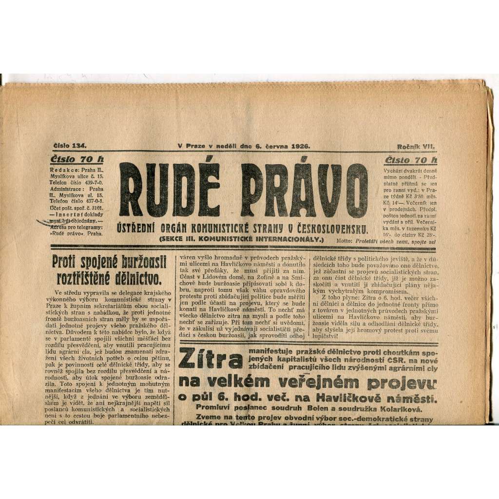 Rudé právo, ročník VII., číslo 134/1926 - staré noviny - [komunisté, komunismus]