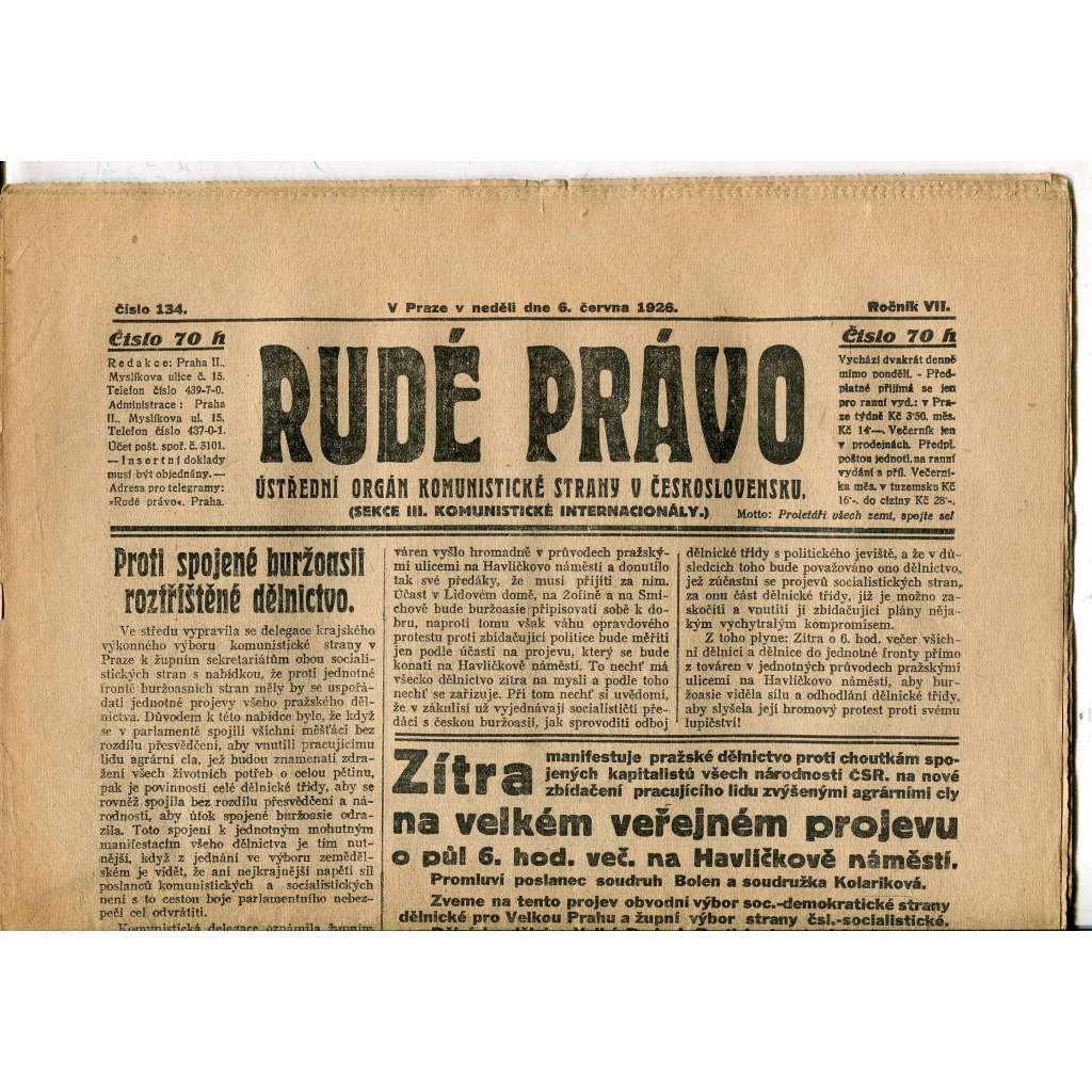 Rudé právo, ročník VII., číslo 134/1926 - staré noviny - [komunisté, komunismus]