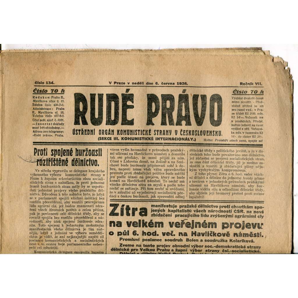 Rudé právo, ročník VII., číslo 134/1926 - staré noviny - [komunisté, komunismus] - pošk.