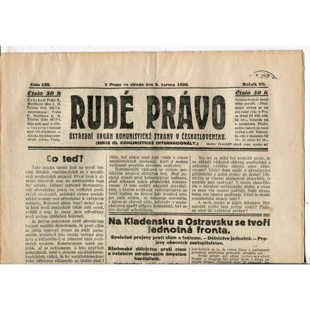Rudé právo, ročník VII., číslo 136/1926 - staré noviny - [komunisté, komunismus]