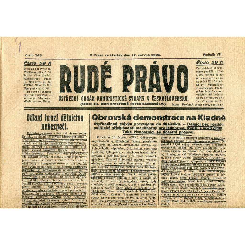 Rudé právo, ročník VII., číslo 143/1926 - staré noviny - [komunisté, komunismus] - nejsou kompletní