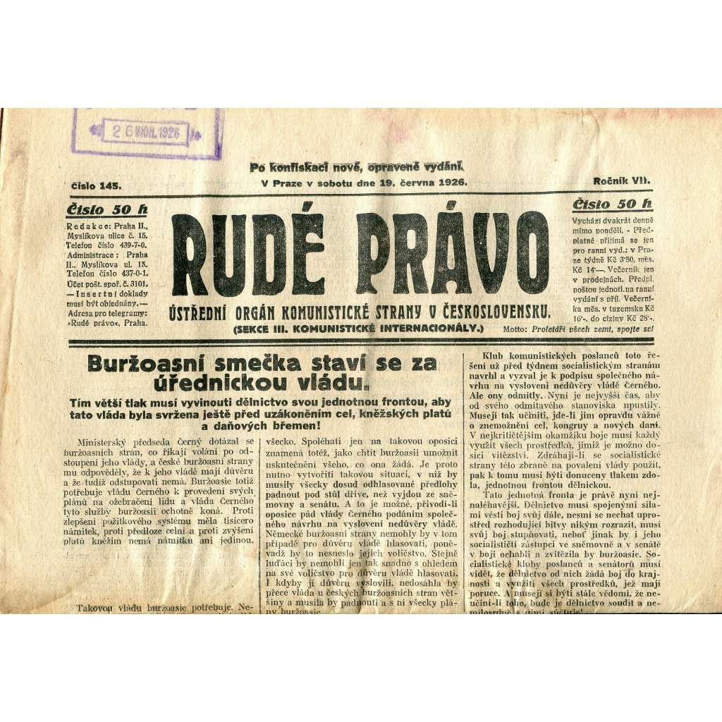 Rudé právo, ročník VII., číslo 145/1926 - staré noviny - [komunisté, komunismus]