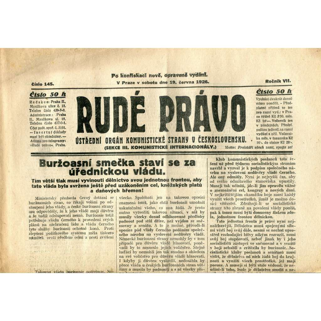 Rudé právo, ročník VII., číslo 145/1926 - staré noviny - [komunisté, komunismus]