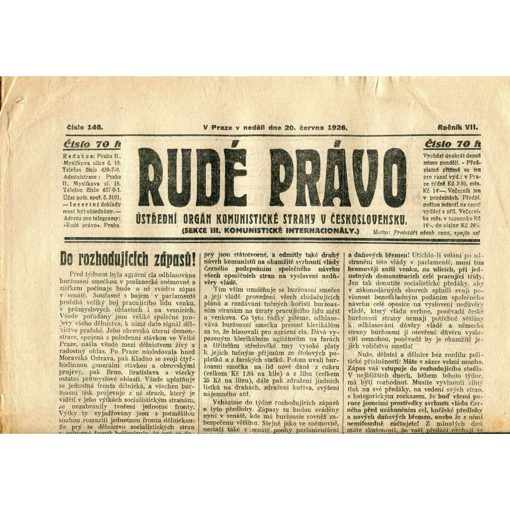 Rudé právo, ročník VII., číslo 146/1926 - staré noviny - [komunisté, komunismus]