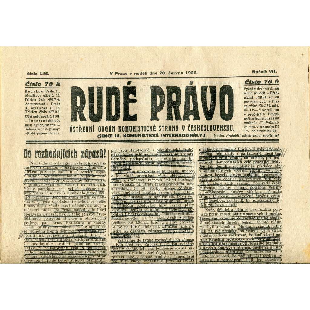 Rudé právo, ročník VII., číslo 146/1926 - staré noviny - [komunisté, komunismus] - nejsou kompletní