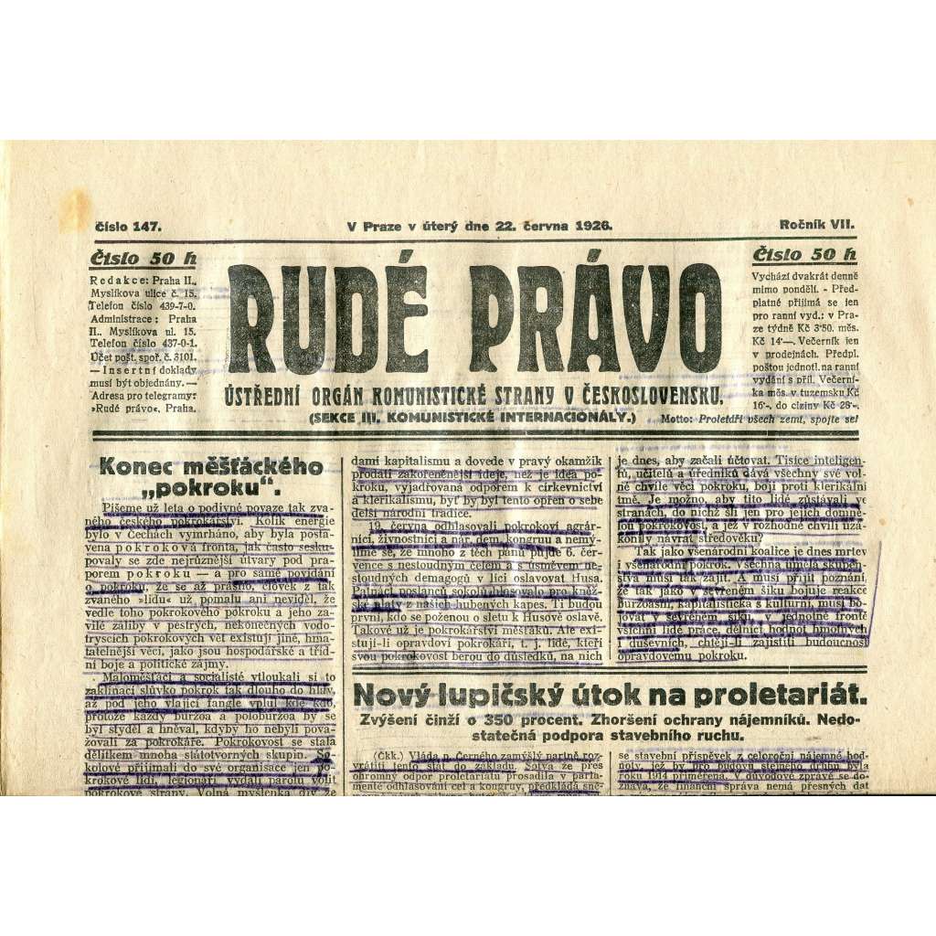 Rudé právo, ročník VII., číslo 147/1926 - staré noviny - [komunisté, komunismus] - nejsou kompletní