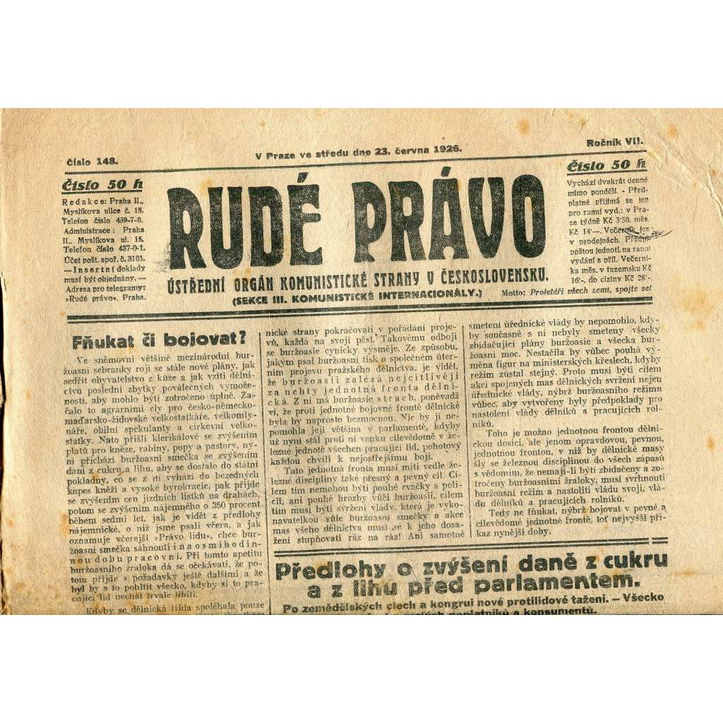 Rudé právo, ročník VII., číslo 148/1926 - staré noviny - [komunisté, komunismus]