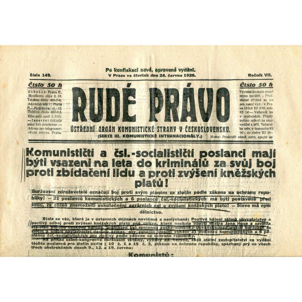 Rudé právo, ročník VII., číslo 149/1926 - staré noviny - [komunisté, komunismus] - nejsou kompletní