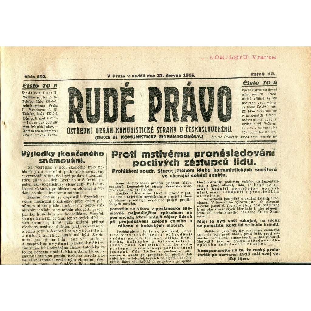 Rudé právo, ročník VII., číslo 152/1926 - staré noviny - [komunisté, komunismus]
