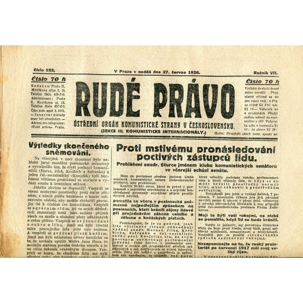 Rudé právo, ročník VII., číslo 152/1926 - staré noviny - [komunisté, komunismus]