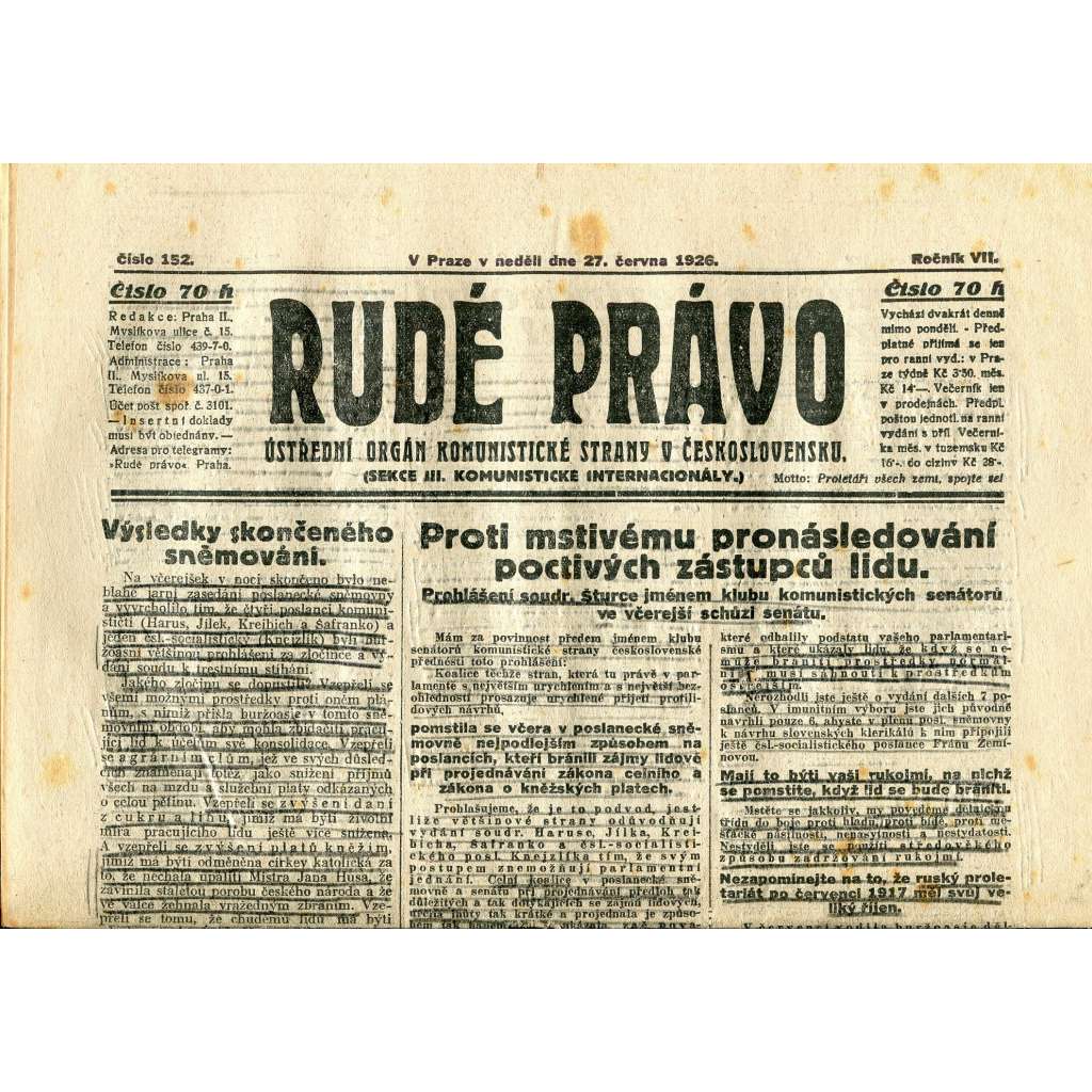 Rudé právo, ročník VII., číslo 152/1926 - staré noviny - [komunisté, komunismus] - nejsou kompletní