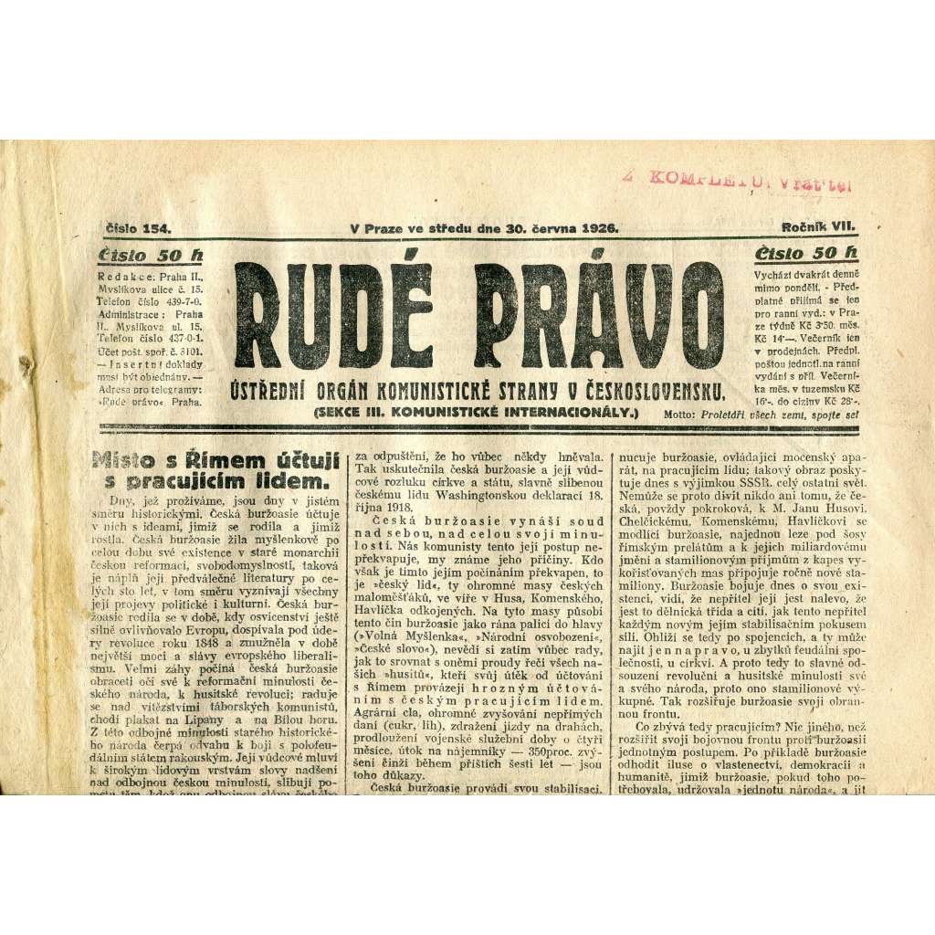 Rudé právo, ročník VII., číslo 154/1926 - staré noviny - [komunisté, komunismus]