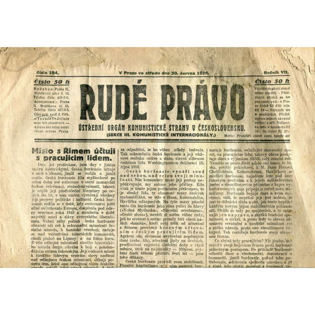 Rudé právo, ročník VII., číslo 154/1926 - staré noviny - [komunisté, komunismus]