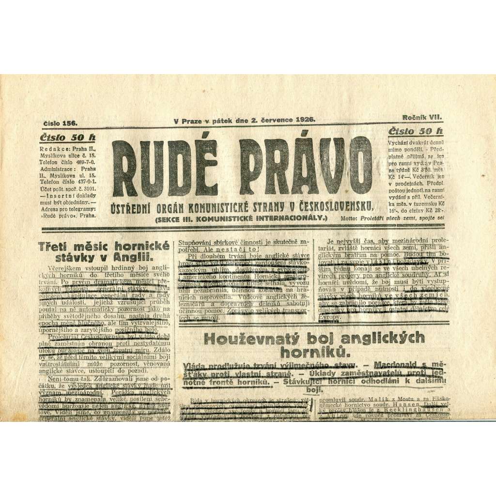 Rudé právo, ročník VII., číslo 156/1926 - staré noviny - [komunisté, komunismus] - nejsou kompletní