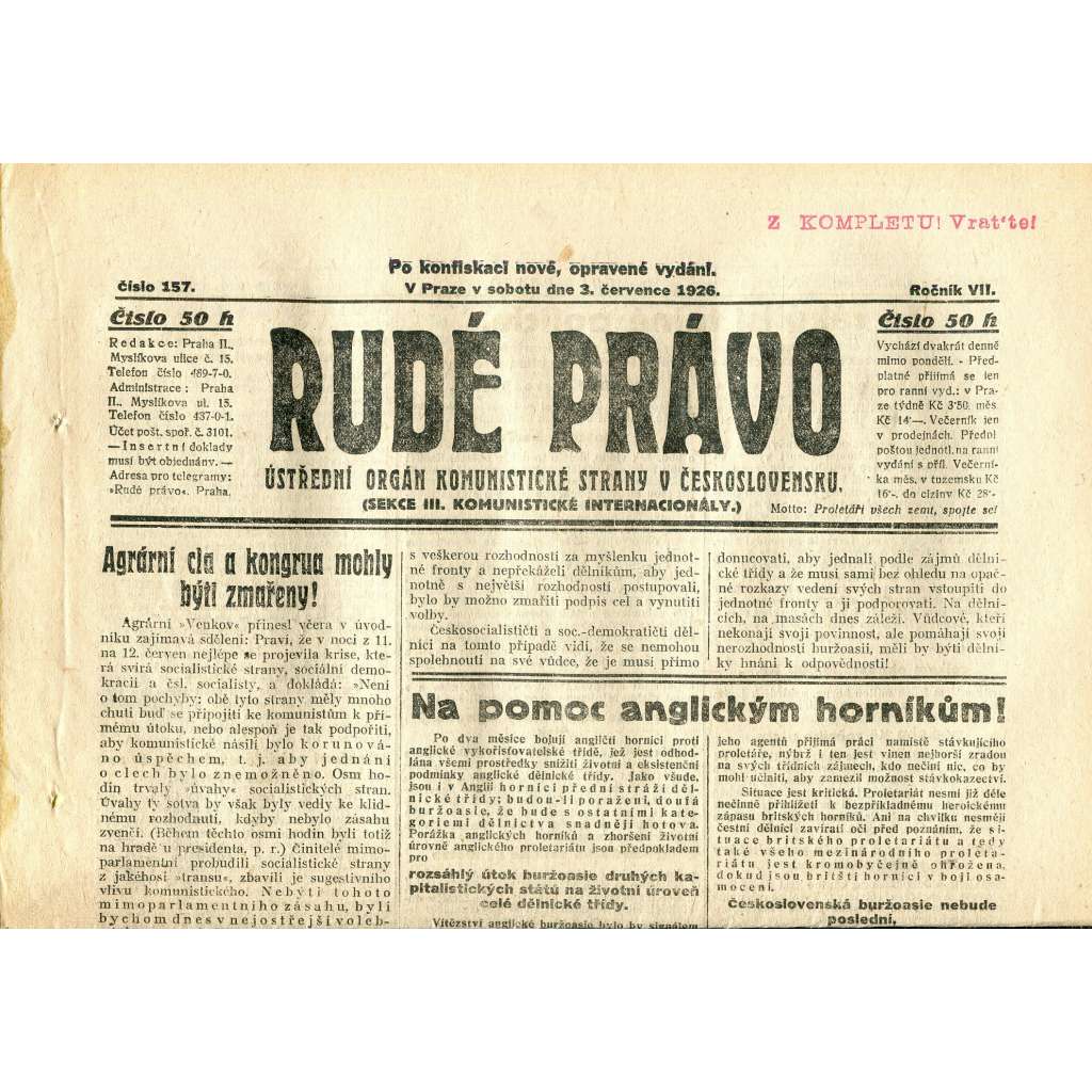 Rudé právo, ročník VII., číslo 157/1926 - staré noviny - [komunisté, komunismus]
