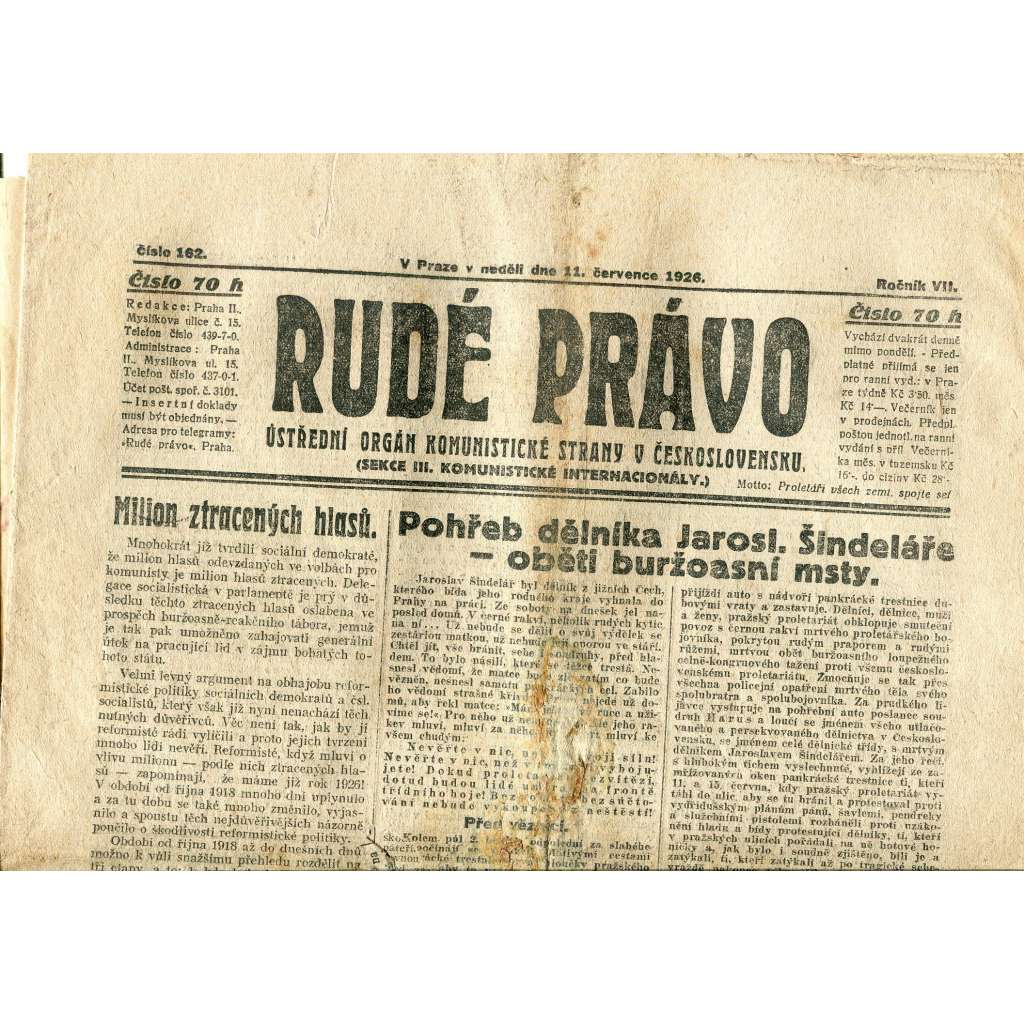 Rudé právo, ročník VII., číslo 162/1926 - staré noviny - [komunisté, komunismus]