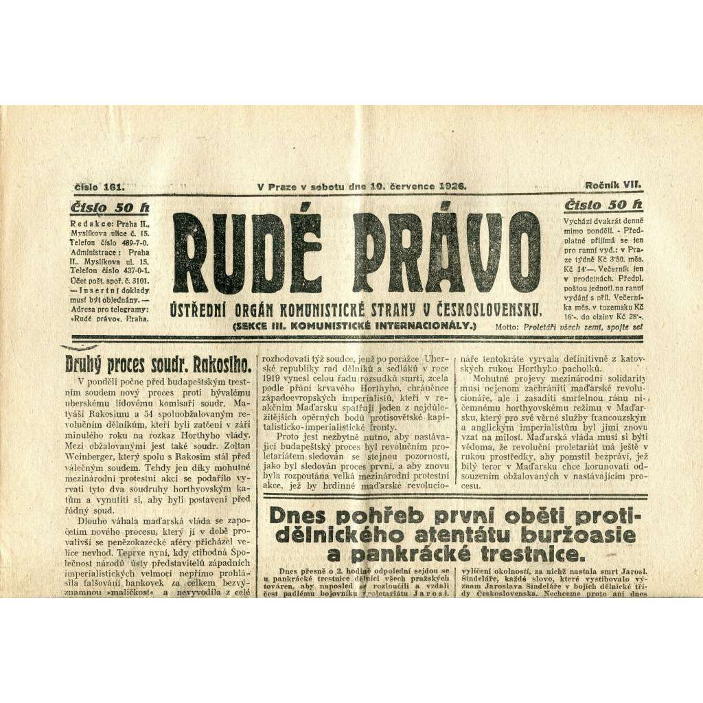 Rudé právo, ročník VII., číslo 161/1926 - staré noviny - [komunisté, komunismus]