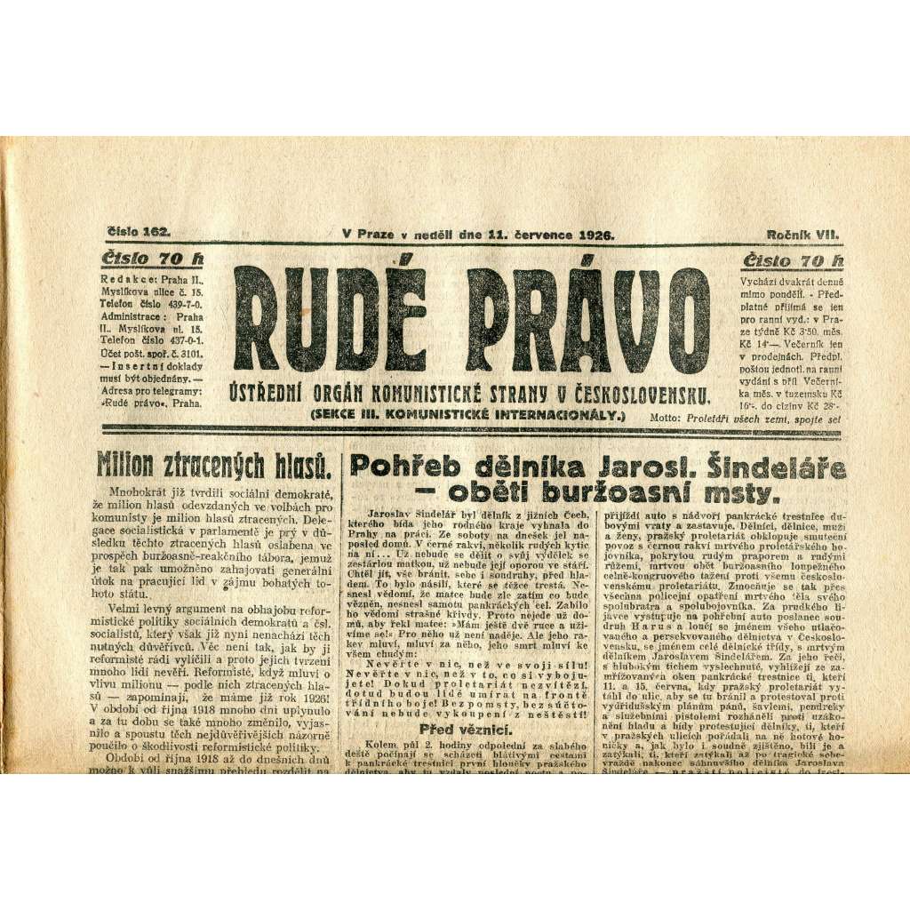 Rudé právo, ročník VII., číslo 162/1926 - staré noviny - [komunisté, komunismus]