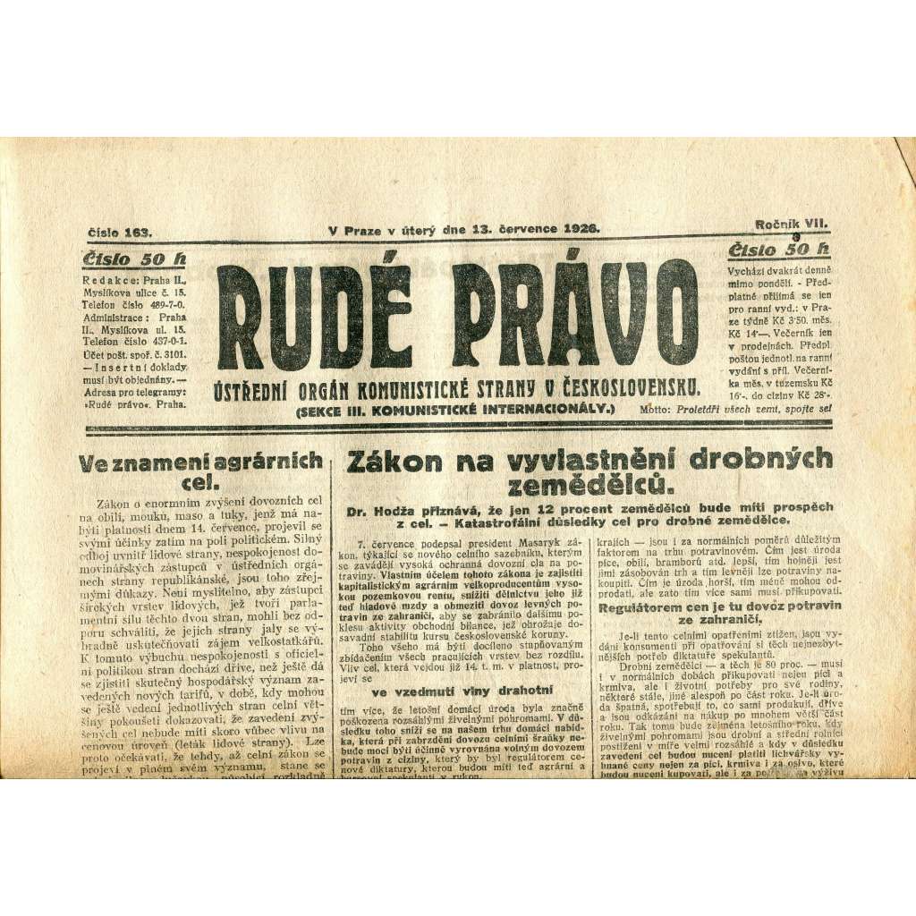 Rudé právo, ročník VII., číslo 163/1926 - staré noviny - [komunisté, komunismus]