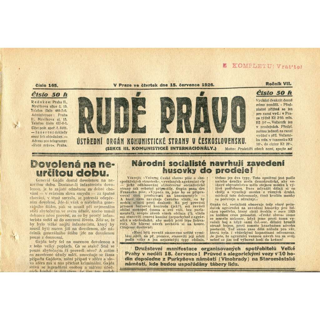Rudé právo, ročník VII., číslo 165/1926 - staré noviny - [komunisté, komunismus]