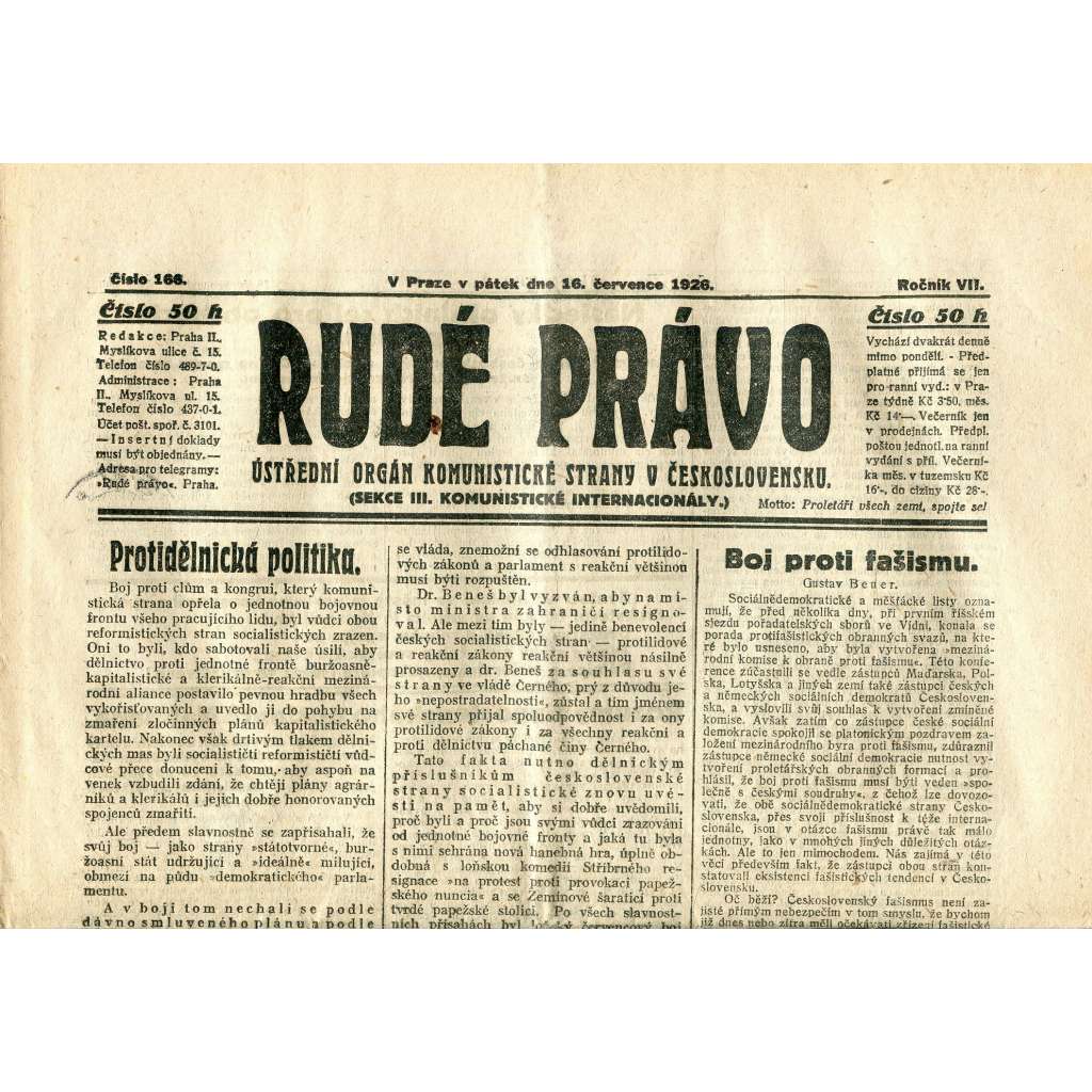 Rudé právo, ročník VII., číslo 166/1926 - staré noviny - [komunisté, komunismus]