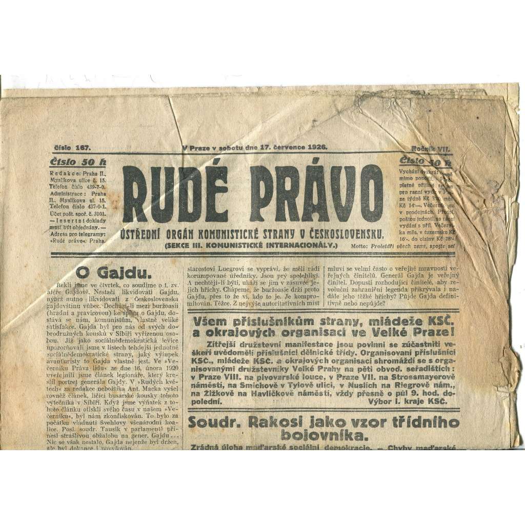 Rudé právo, ročník VII., číslo 167/1926 - staré noviny - [komunisté, komunismus] - pošk.