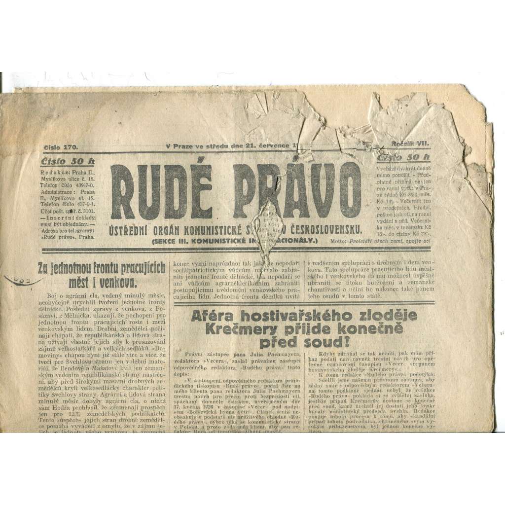 Rudé právo, ročník VII., číslo 170/1926 - staré noviny - [komunisté, komunismus] - pošk.