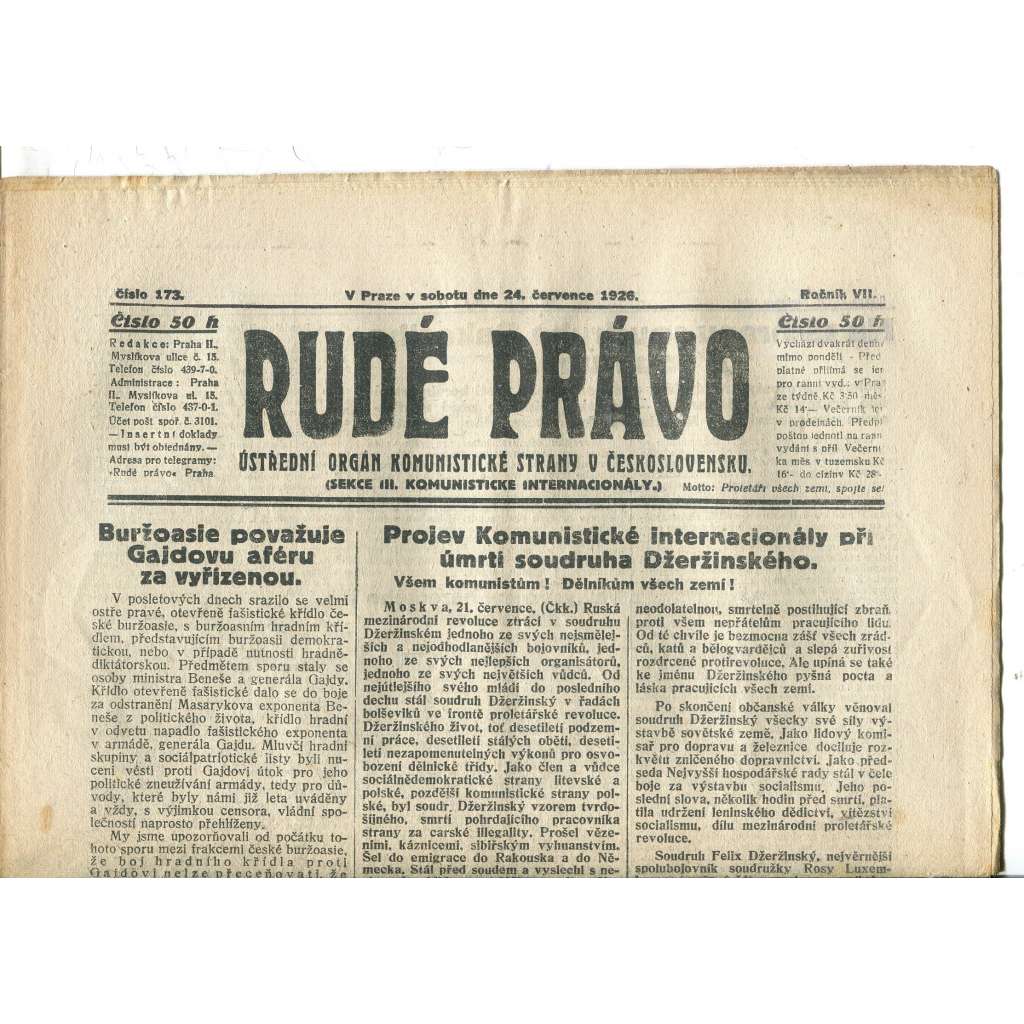 Rudé právo, ročník VII., číslo 173/1926 - staré noviny - [komunisté, komunismus]
