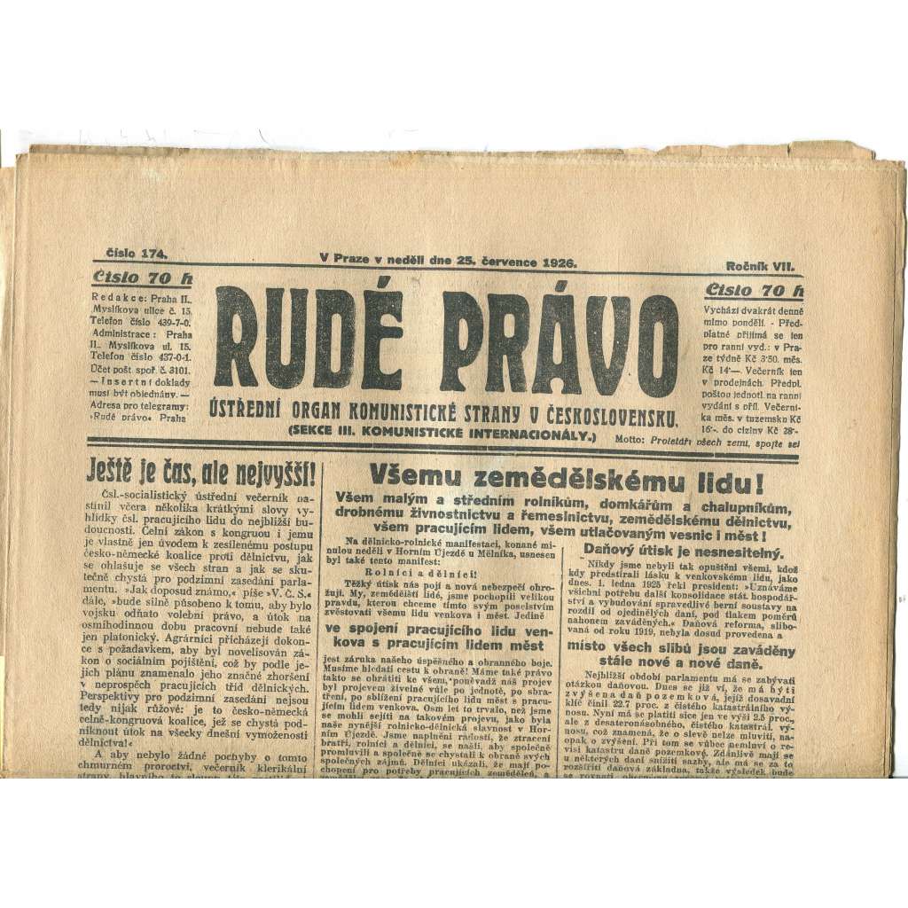 Rudé právo, ročník VII., číslo 174/1926 - staré noviny - [komunisté, komunismus]