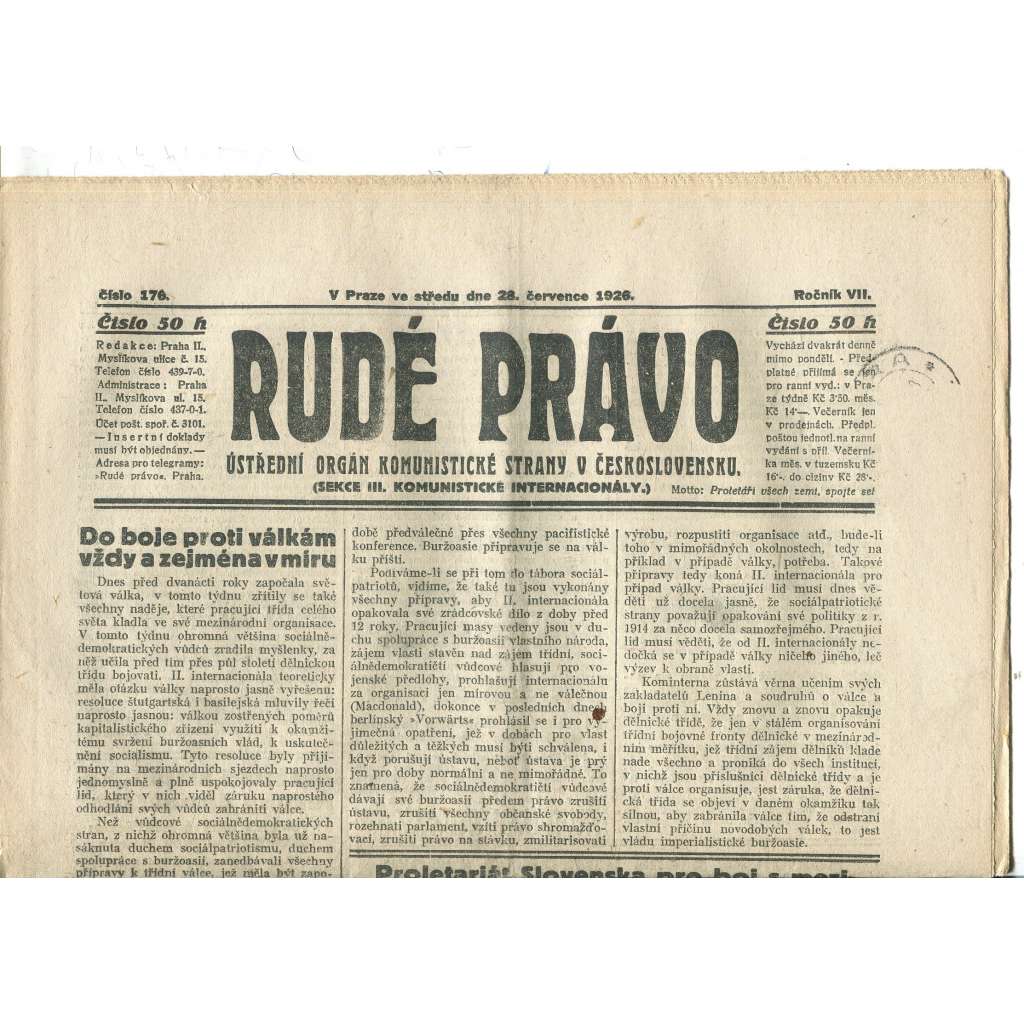 Rudé právo, ročník VII., číslo 176/1926 - staré noviny - [komunisté, komunismus]