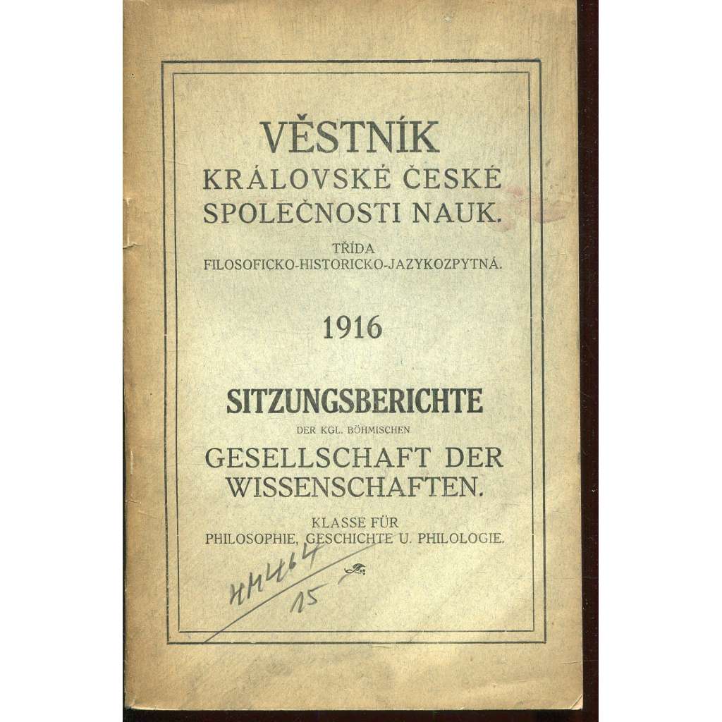Věstník Královské české společnosti nauk 1916. Třída filosoficko-historicko-jazykozpytná