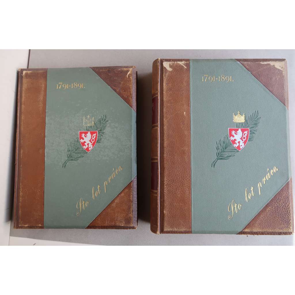 STO LET PRÁCE -DVA OBŘÍ SVAZKY- VŠEOBECNÁ VÝSTAVA 1891 - KRÁSNÁ SECESNÍ VAZBA - KŮŽE (KOMPLET)