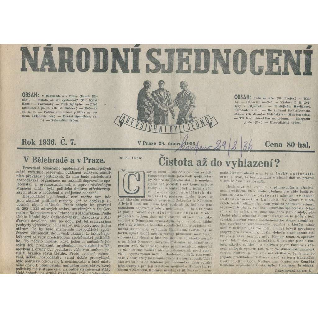 Národní sjednocení, číslo 7/1936 (noviny 1. republika)