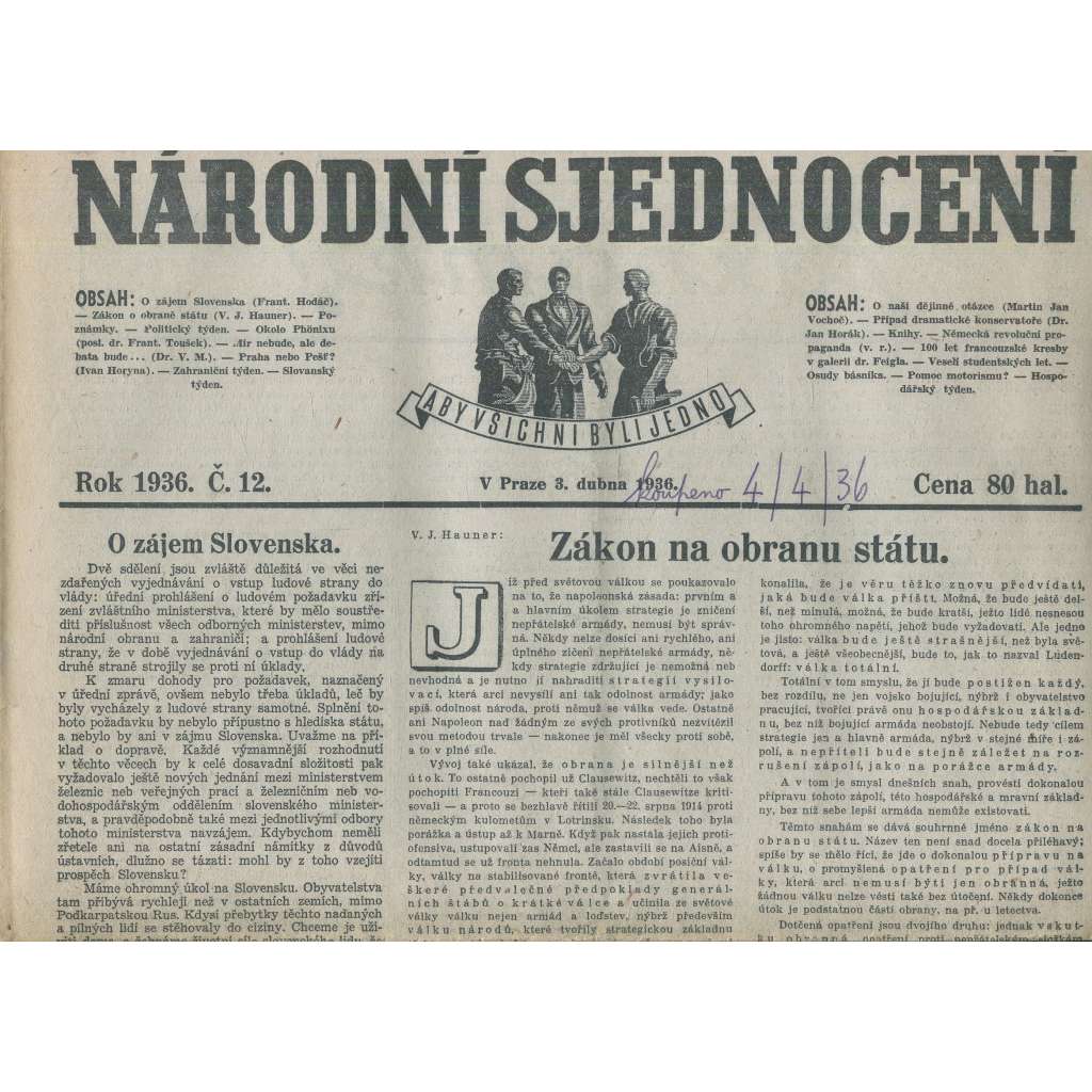 Národní sjednocení, číslo 12/1936 (noviny 1. republika)
