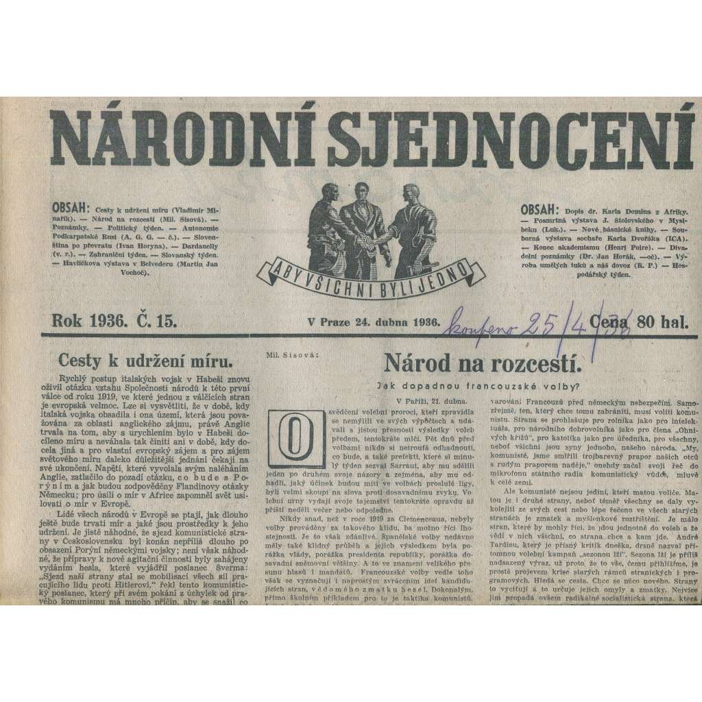 Národní sjednocení, číslo 15/1936 (noviny 1. republika)