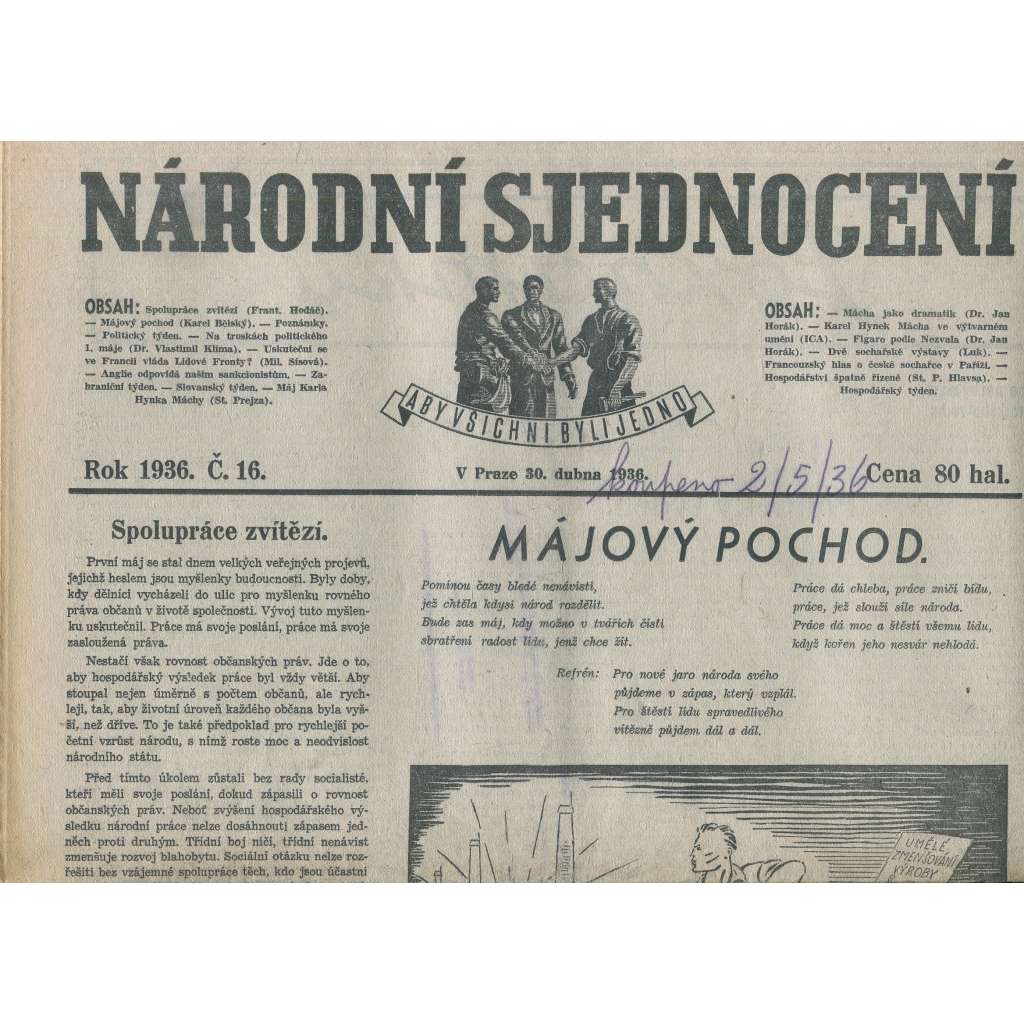 Národní sjednocení, číslo 16/1936 (noviny 1. republika)