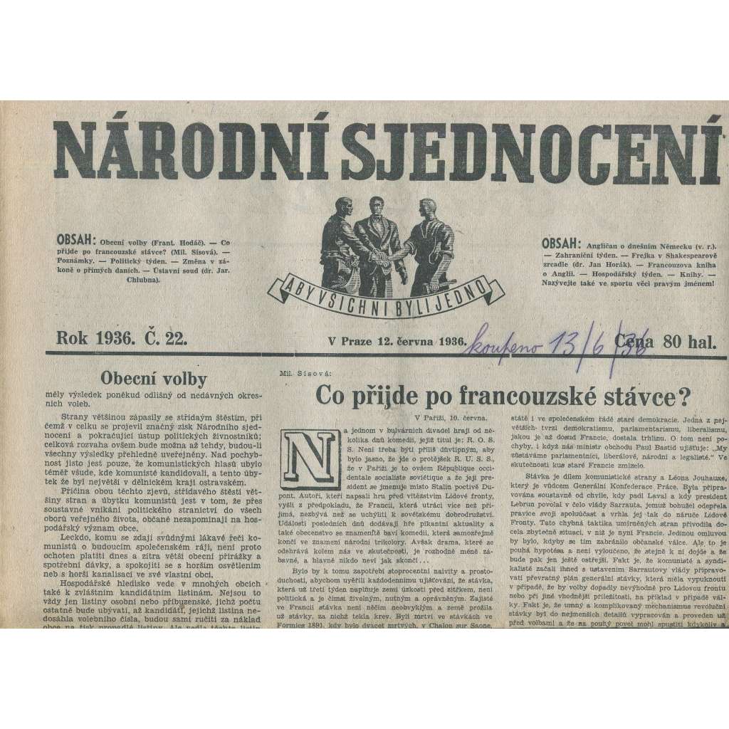 Národní sjednocení, číslo 22/1936 (noviny 1. republika)