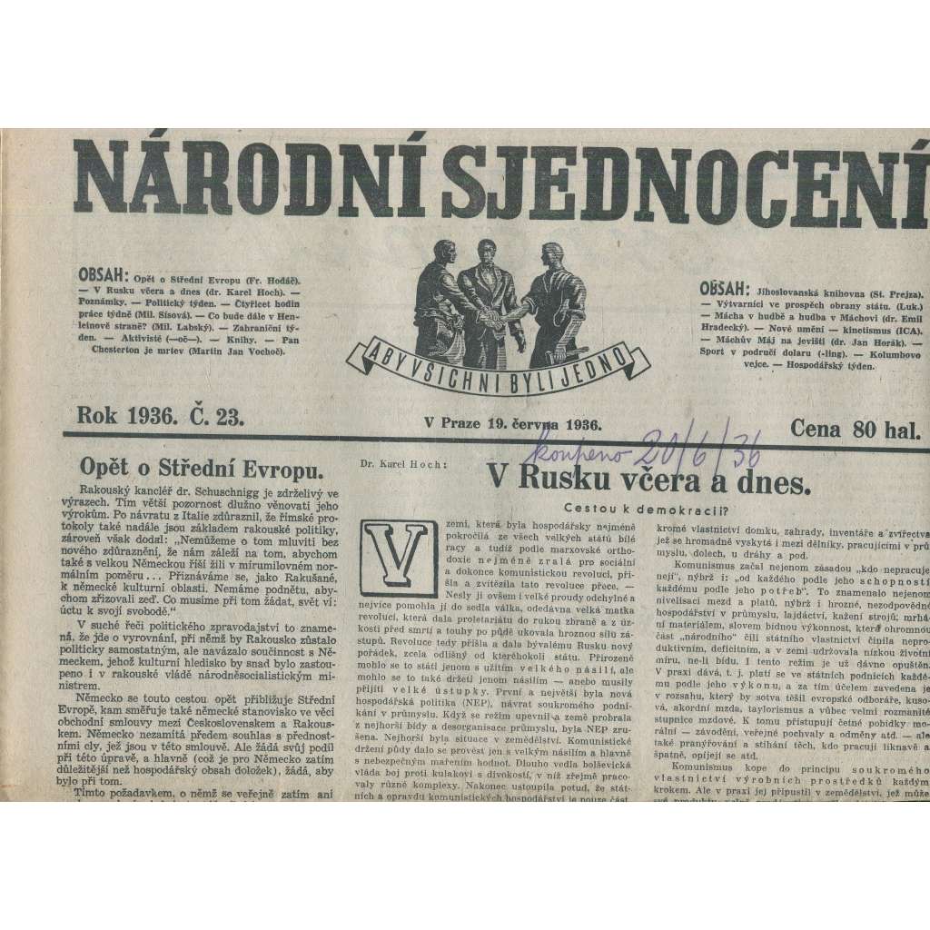 Národní sjednocení, číslo 23/1936 (noviny 1. republika)